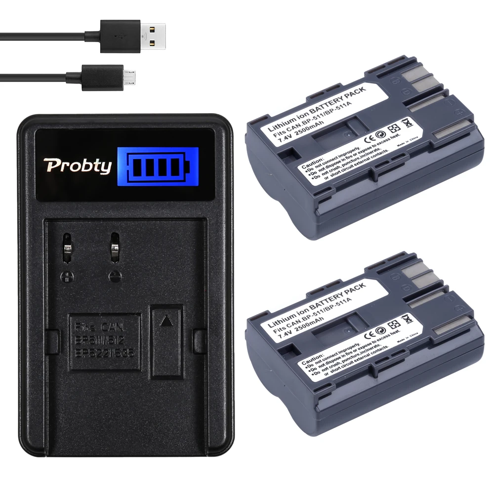 Аккумулятор Probty BP-511 BP 511 BP511 BP511A 2 шт. зарядное устройство USB с ЖК-дисплеем для Canon EOS