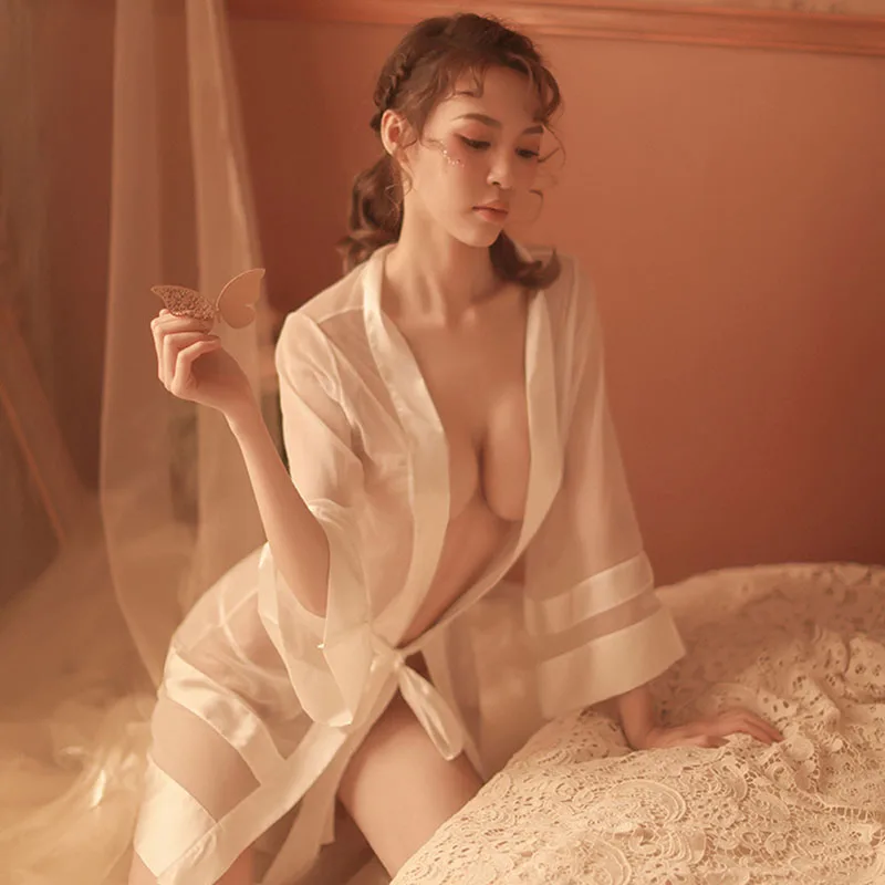 

Yhotmeng sexy temptation woman transparent stitching long-sleeved bandage gauze robe bathrobe nightdress pajamas set