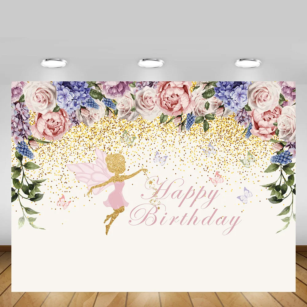 Pink Purple Flowers Photography Backdrop Custom Text Fairy Butterfly Girls Birthday Party Dessert table Background Photo Studio|Фон для
