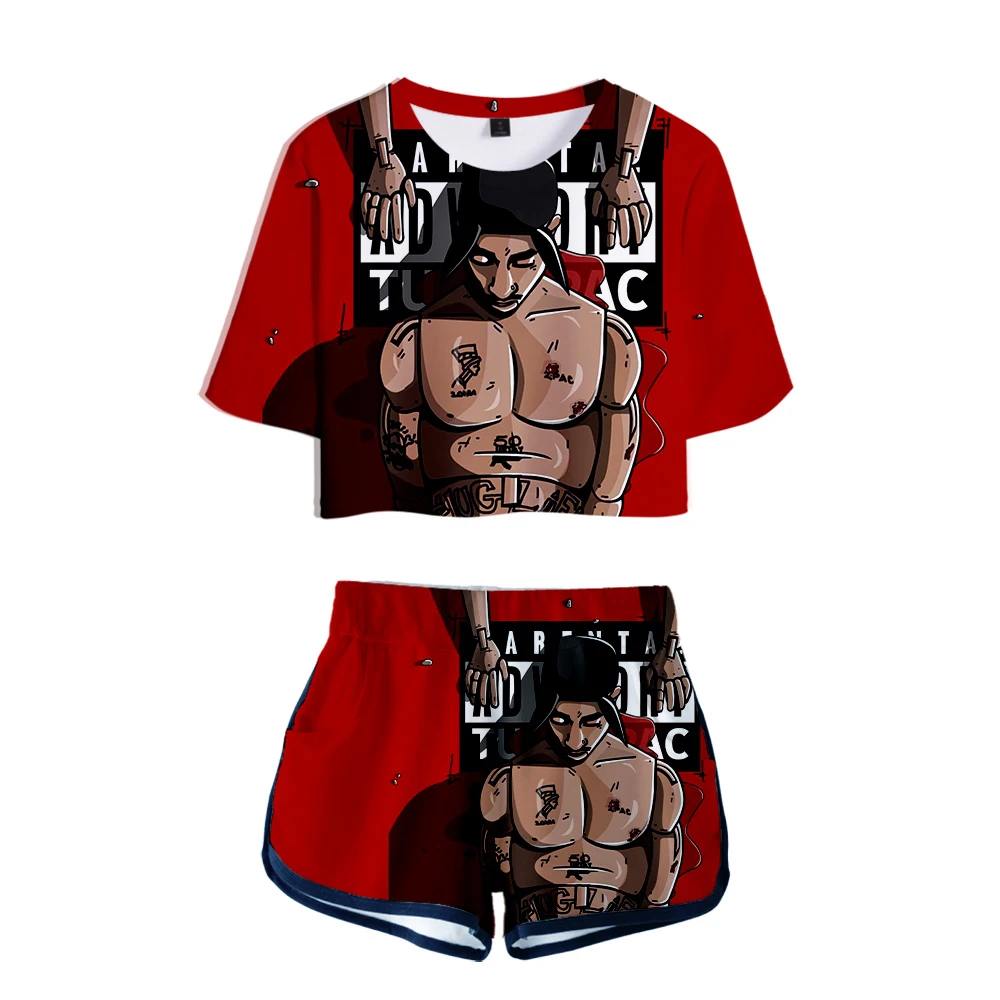 2PAC летний крутой Женский Повседневный комплект из двух предметов с 3D принтом K-POP