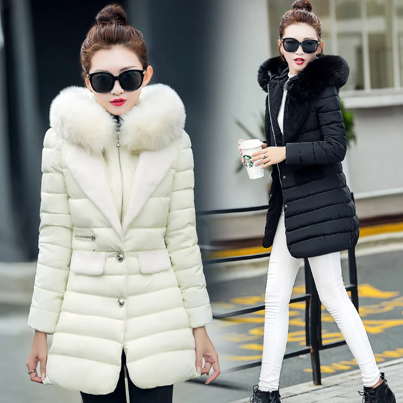 2016 моды утолщение зимняя куртка женщин большой меховой воротник пуховик женский