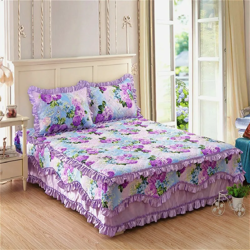 

3pcs Korean Bed skirt Set Thicken Bed Cover 100%Cotton Quilted Ruffles Bedspread Pastoral Flower Bedclothes Sheet Home Textile