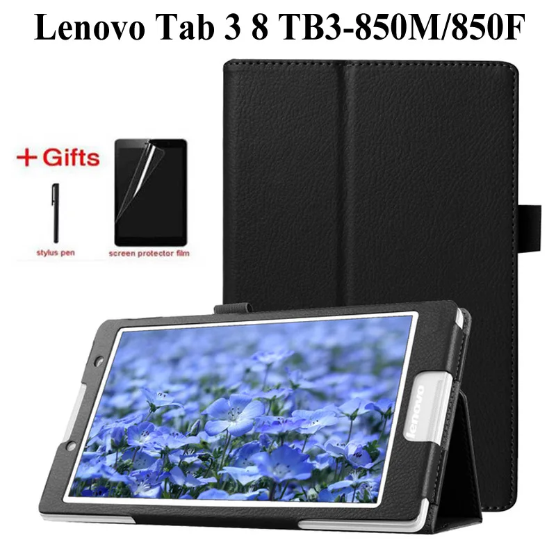 Чехол с текстурой личи из искусственной кожи чехол для lenovo Tab 3 8 TB3-850M TB3-850F Крышка для lenovo Tab 2 A8-50 A8-50F A8-50L 8,0 дюймов чехол+ Защитная пленка на экран+ подставка для ручек