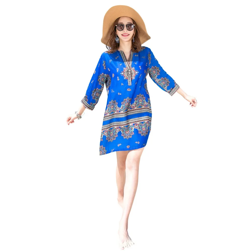 Летние Пляжные наряды для Для женщин v образным вырезом Бохо Синий Повседневные
