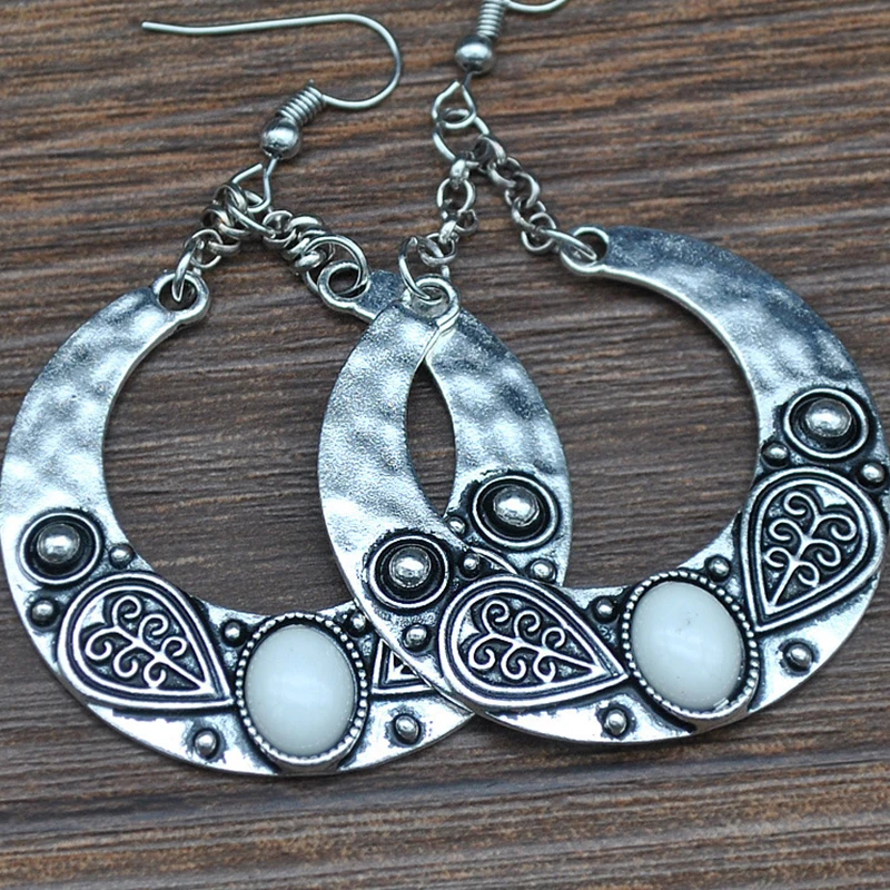 2 Pcs/Set Bohemian Retro Fashion Carved Opal Round Moon Gem Silver Color Pendant Earrings Personality Party Gift | Украшения и