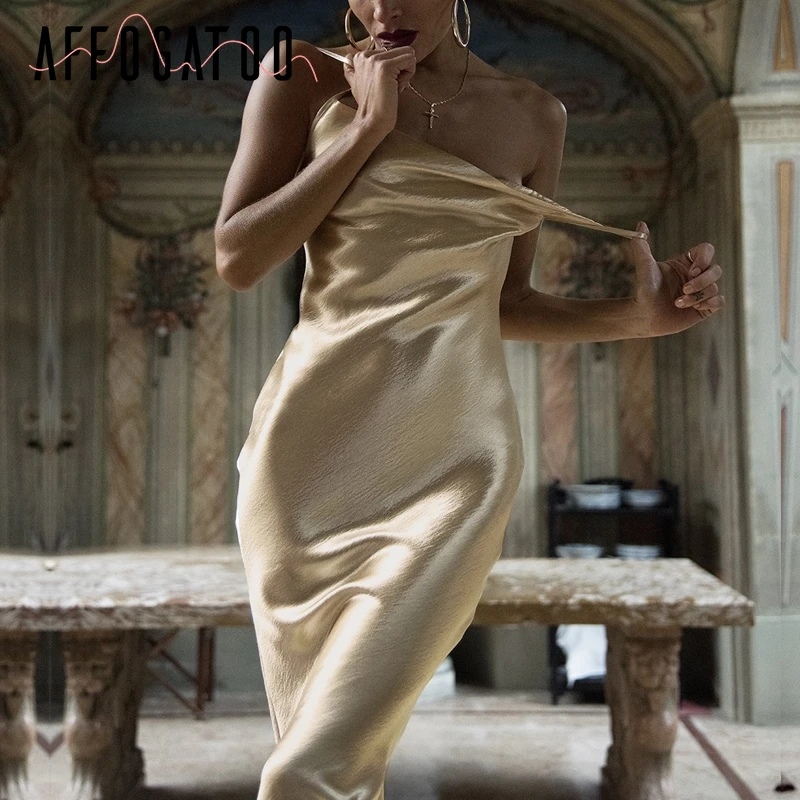 Женское облегающее платье afogatoo Золотое сатиновое на шнурках с открытой спинкой