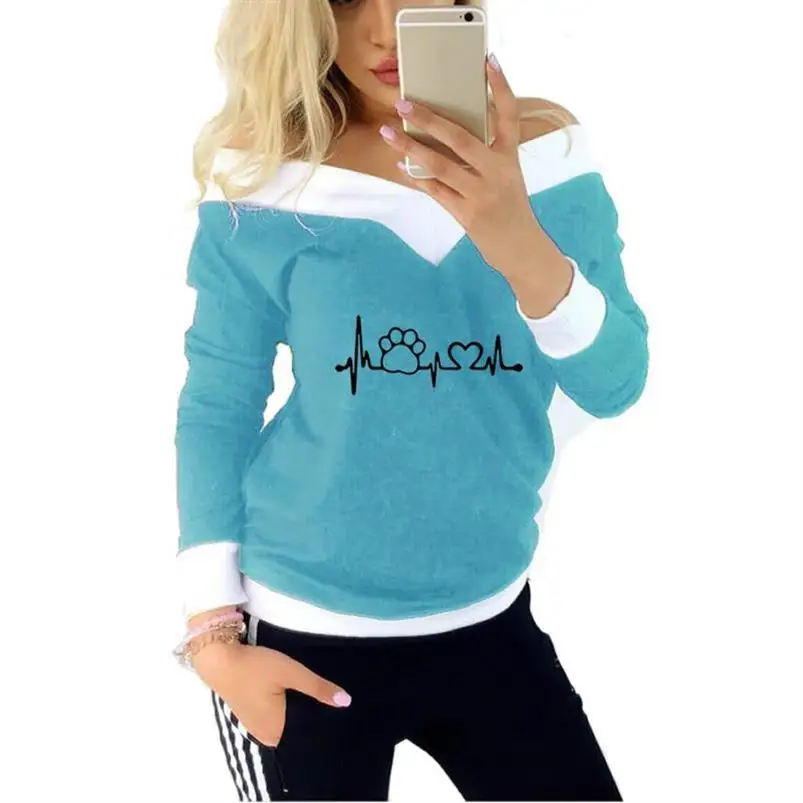 

New Arrival T-Shirt For Women V-Neck Strapless Dog Paw Heart Geometric Print Top T-Shirt Female Funny Off The Shoulder Tops