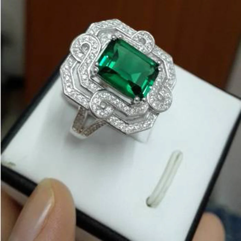 Qi Xuan_Fashion Jewelry_Luxury прямоугольные CZ зеленые камни Rings_S925 Твердые серебряные Rings_Factory