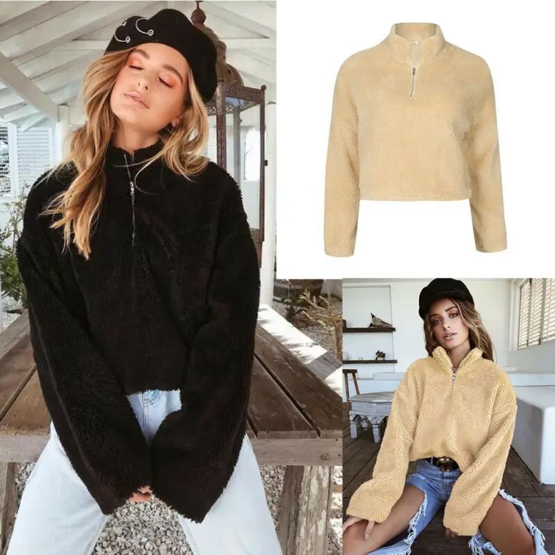 

Loose Long Jumper Casual Blouse Tops Sleeve Women Zipper Pullover Solid Color