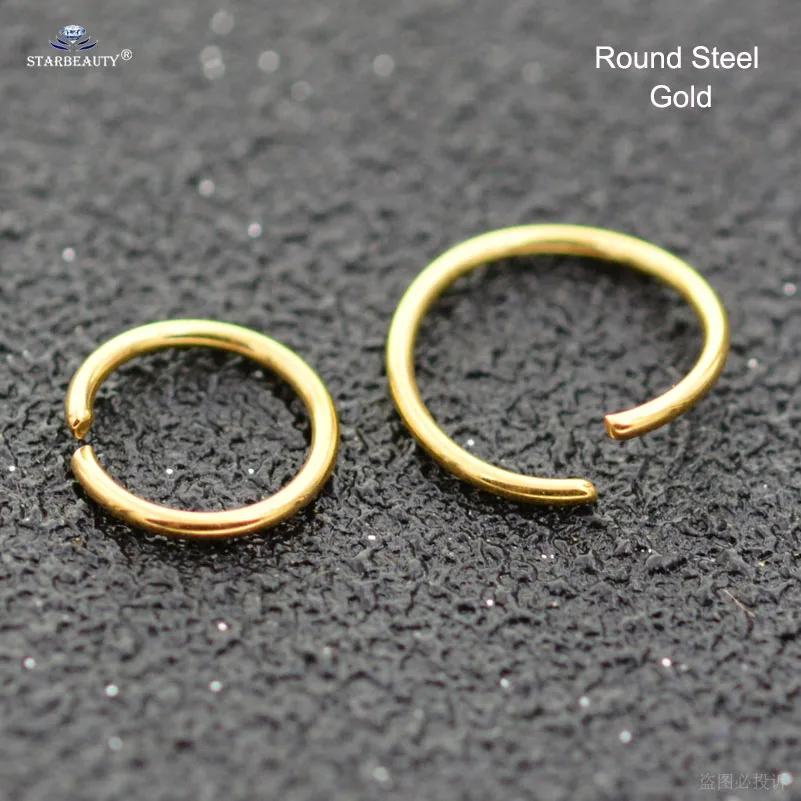 Round Steel Gold 1 шт. яркий драгоценный камень нос кольцо для козелка пирсинг спираль серьги перегородка кликер нос Имитация пирсинга пирсинг кольцо ухо обруч украшения для тела - Окраска металла: Round Steel Gold