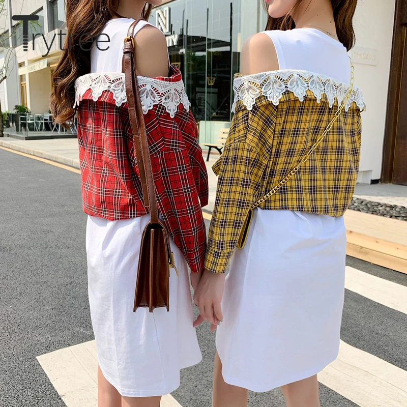 Trytree летнее модное платье женское кружевное клетчатое блуза пэчворк футболка