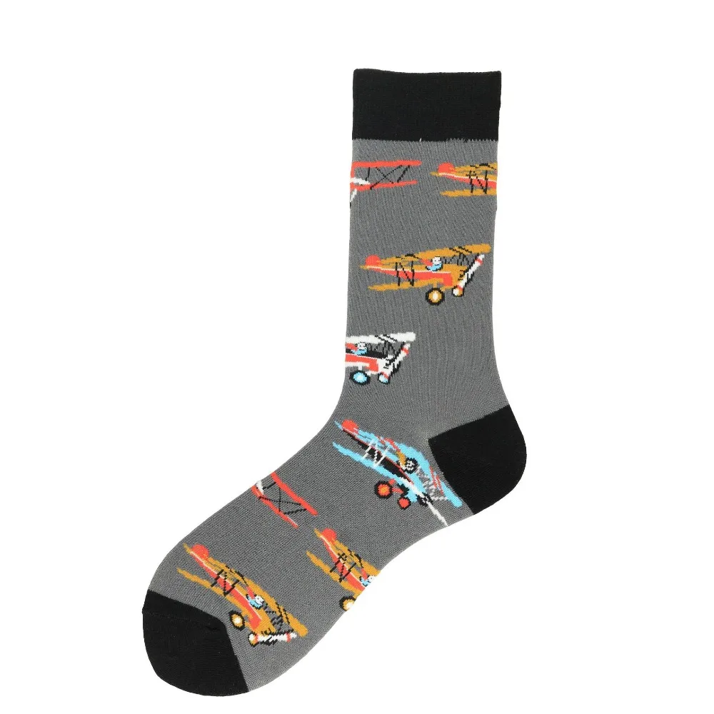 

Newest Colorful Men's Combed Cotton Crew Socks Spaceship Rocket Car Pattern Casual Dress Socks Novelty Happy Skateboard Socks