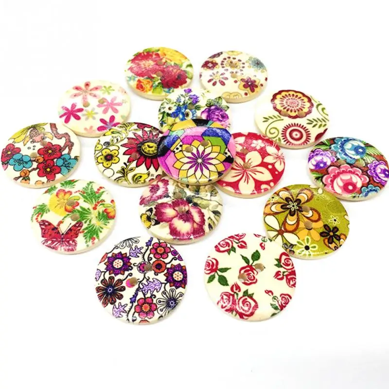 50 шт. круглые деревянные пуговицы Craft Скрап Швейные Цветочный принт Винтаж
