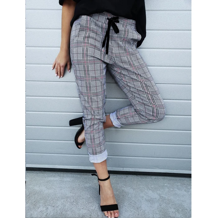 Элегантные клетчатые узкие брюки с высокой талией до щиколотки 2018 осенние