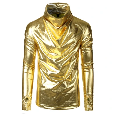 BLT14 Gold Мужские повседневные футболки, черные однотонные мужские футболки с длинным рукавом, Мужская одежда, кожаные топы, футболки в стиле хип-хоп с высоким воротником, кожа - Цвет: BLT14 Gold