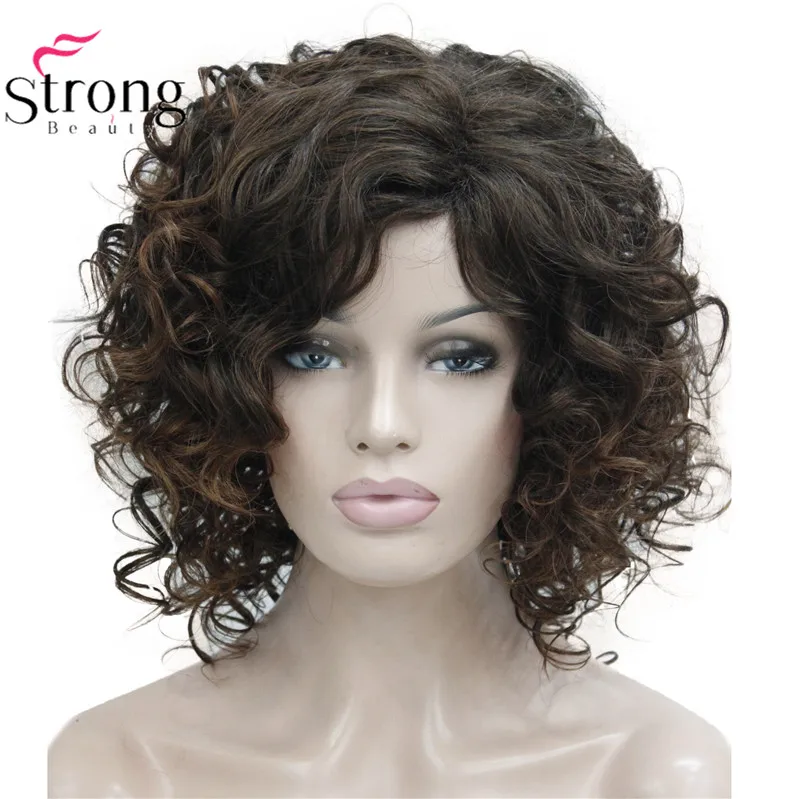 StrongBeauty короткий толстый темно-коричневый с выделениями супер кудрявый слоистый полный синтетический парик для женщин
