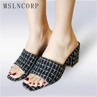 plus size 34 43 fashion peep toe chunky heel women mules female casual slides sandals thick high heel slippers shoes footwear
