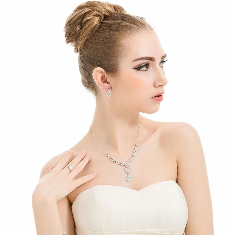 LUOTEEMI Brand Necklace+Earrings Zircon Wedding Jewelry Set for Brides Fancy Water Drop Cutting AAA+ Cubic Zirconia Necklace | Украшения и