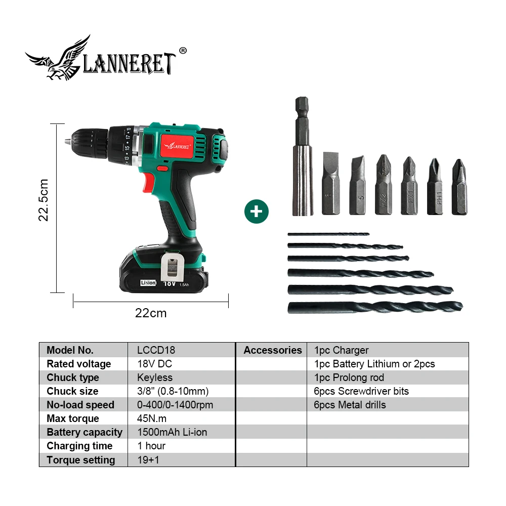 LANNERET 18V 45Nm DC литий-ионный Батарея 3/8 дюймов 2-Скорость электрическая дрель Мини Электрическая отвертка Беспроводной Мощность драйвер