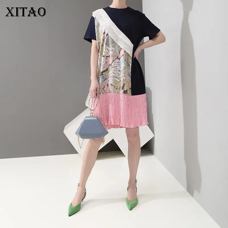 XITAO плиссированное женское платье с принтом повседневное круглым вырезом