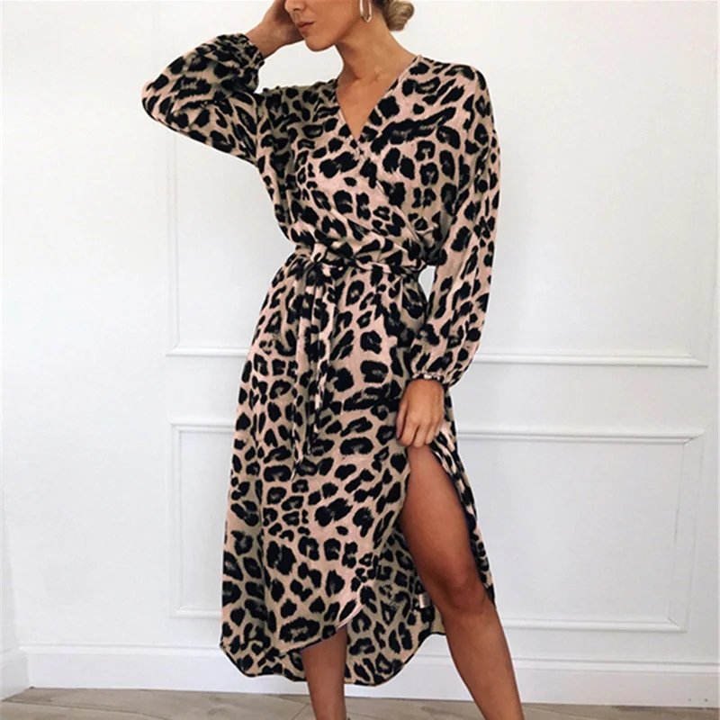 Женское шифоновое платье с леопардовым принтом свободное глубоким V образным