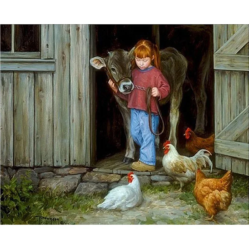 Diamond embroidery Round Rhinestone farmhouse girl and animals DIY Painting Cross stitch Mosaic Home Decor Handcraft Дом и сад
