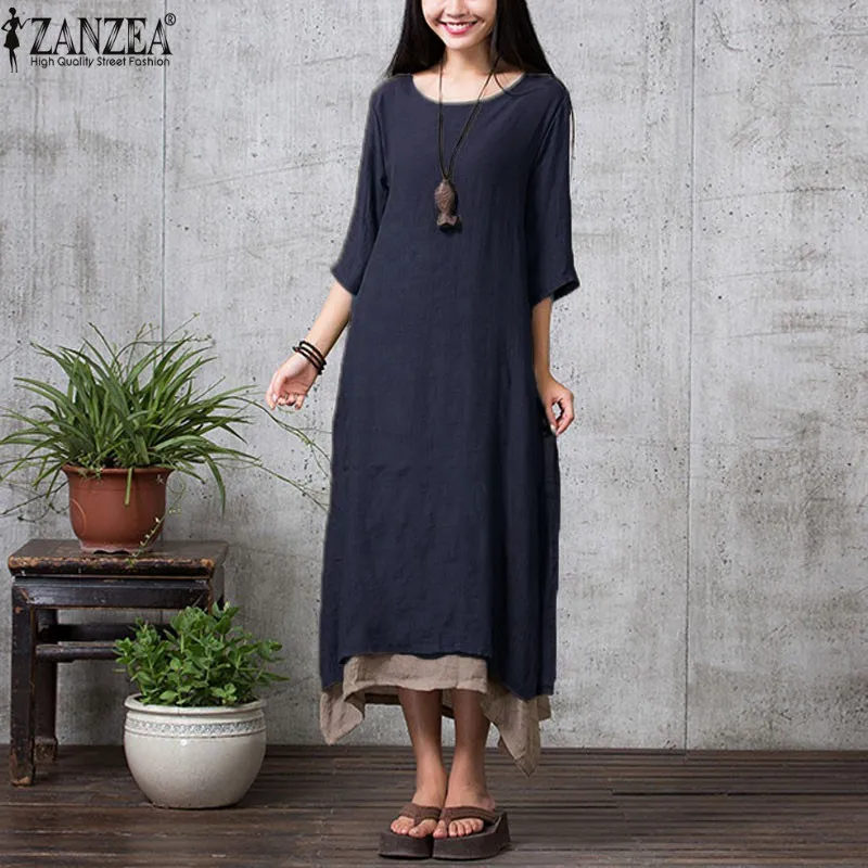 ZANZEA, 9 цветов,, летнее платье, женское, повседневное, свободное, Vestidos, хлопок, лен, длинное платье, макси, платье, рубашка, Ретро стиль, размера плюс - Цвет: Navy