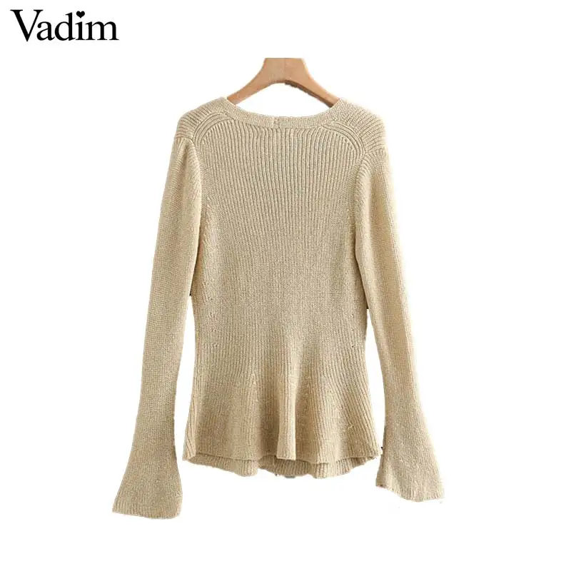 Vadim women elegant knitted V neck sweater flare long sleeve cardigans single breasted female casual tops HA387 |