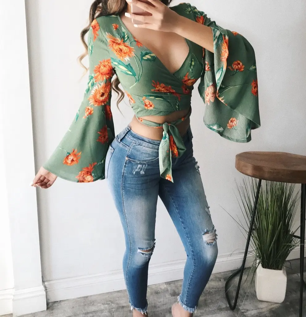 Блузка женская шифоновая с длинным рукавом бантом и V-образным вырезом | Женская