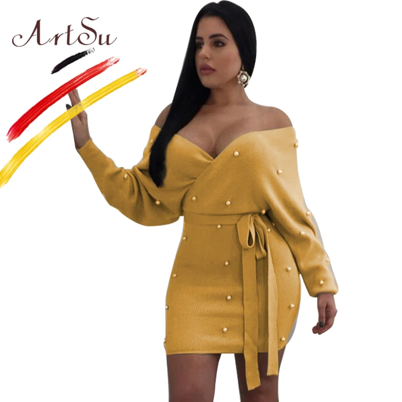Женское трикотажное мини платье с открытыми плечами и V образным вырезом|long sleeve