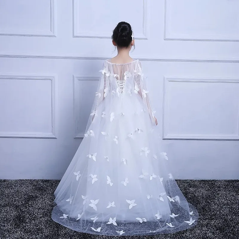 

3-15Years Children Girls Costumes Solid Color Short Sleeves Elegant Princess Mesh Dress Long White Wedding Party Evening Dresses