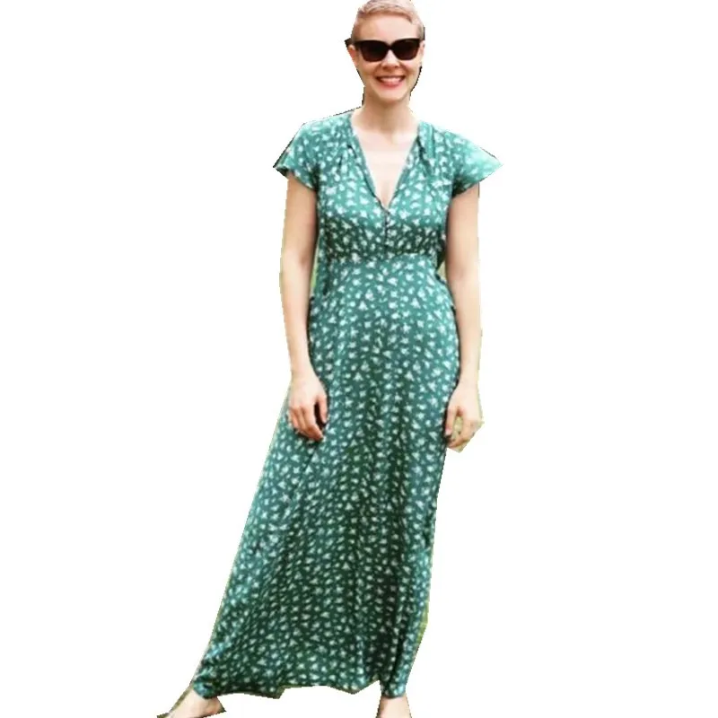 Женское винтажное платье до щиколотки белое приталенное зеленое с бантом v