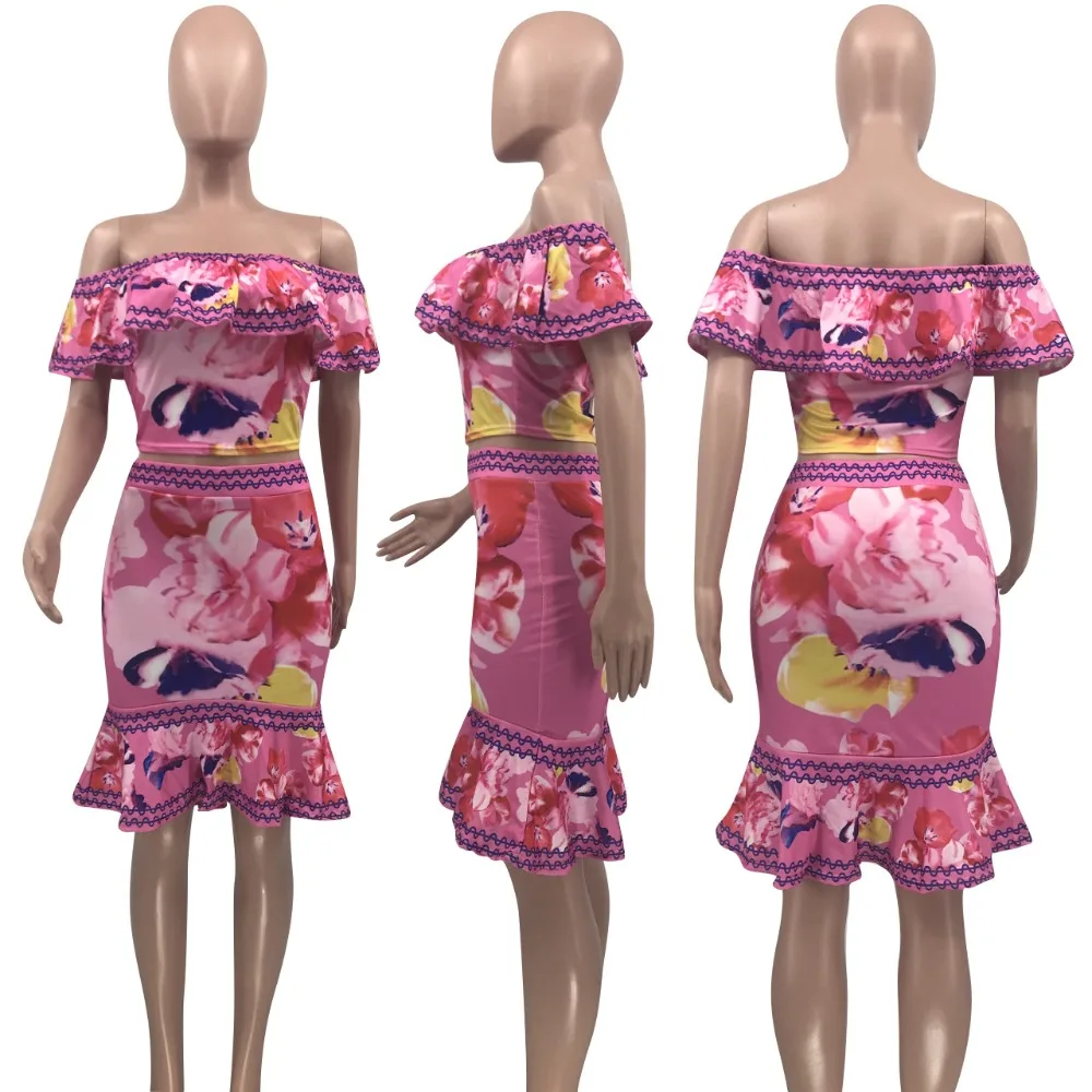 

2019 Summer Print Ruffles Off Shoulder Short Tops Bodycon Sexy Fashion Slim Tow Piece Outfits