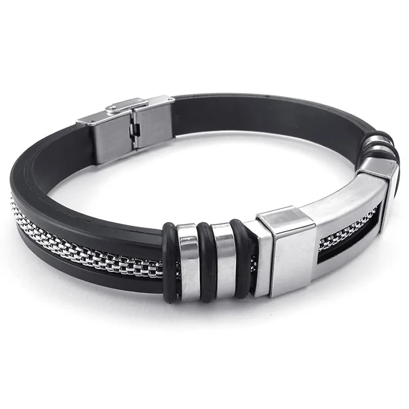 Jewelry Men's Bracelet Biker Rubber Stainless Steel Black Silver | Украшения и аксессуары