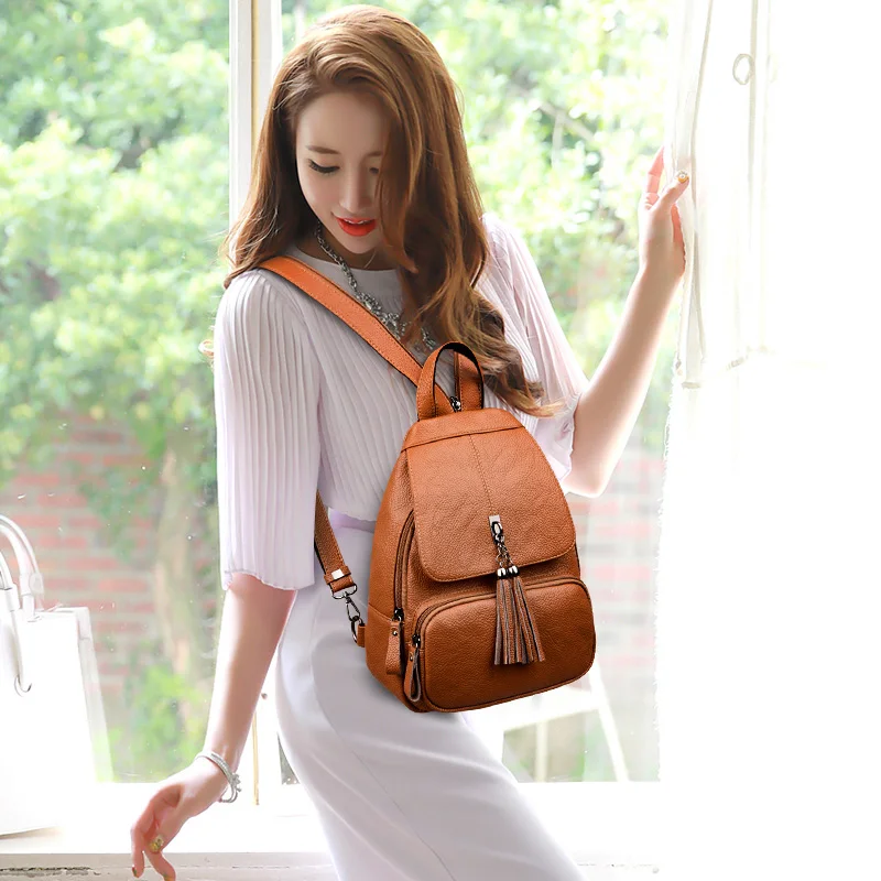 

2019 Women Leather Backpacks For Girls Vintage Tassel Backpack Brand Solid Ladies Backpack Luxury Sac a Dos Female Back Pack New