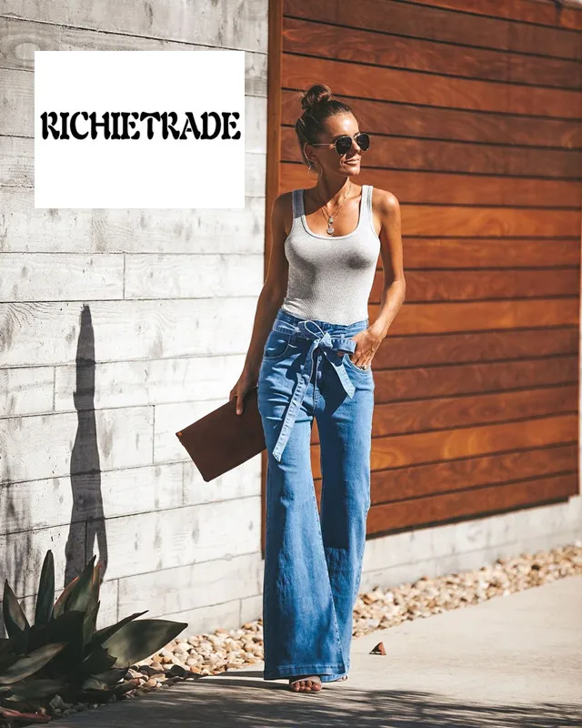 RICHIETRADE/сексуальные длинные джинсы однотонные с широкими штанинами и карманами