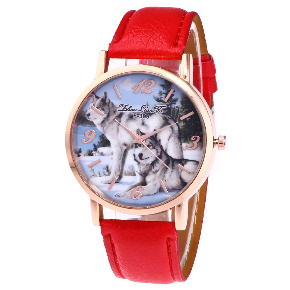 Часы наручные женские кварцевые с принтом волка Модные Аналоговые кожаным