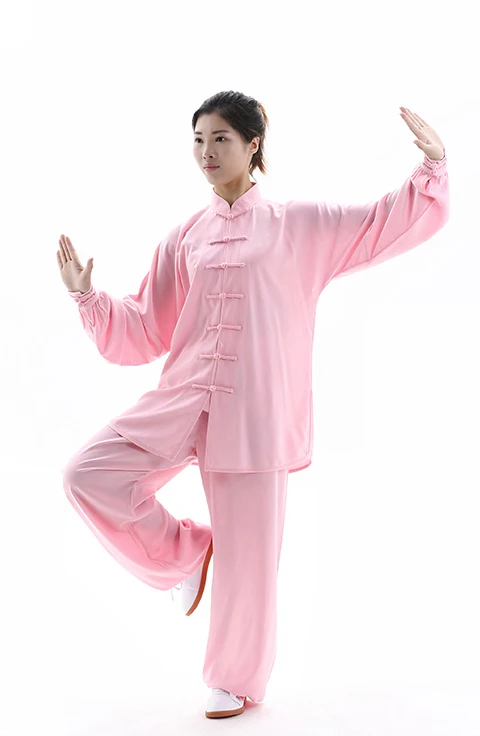 light pink Унисекс 15 цветов единоборств набор мужской женский длинный рукав Стенд Воротник Одежда Костюм Униформа костюм кунгфу ушу набор шелк Тай Чи одежда - Цвет: light pink