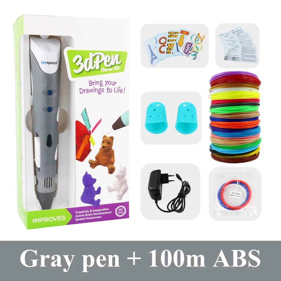 Gray with 100m ABS Myriwell 3d принтер Ручка 1,75 мм ABS 3D печать Ручка для рисования 3D ручки для детей игрушки Рождество подарок на день рождения 3D Ручка - Цвет: Gray with 100m ABS