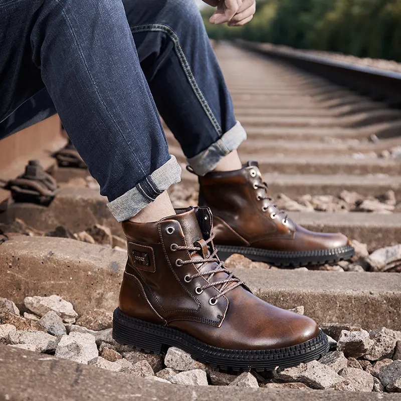 

AKZ New Fashion Genuine Leather Men's Ankle Boots Winter Warm Snow boots High Quality Male Outdoor Work boots Lace up