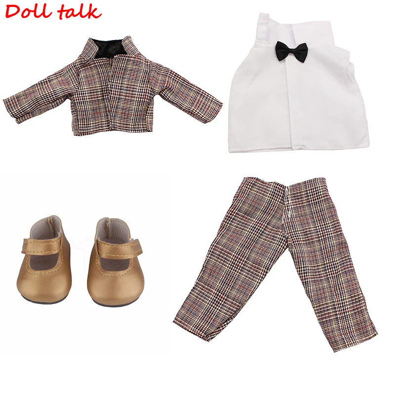 3pcs/set Suit Doll Outfit For 43cm Baby Tuxedo Coat+T-shirt+Trousers Set For 18Inch Amerian Zapf Doll Clothes Child's Gift Shoes