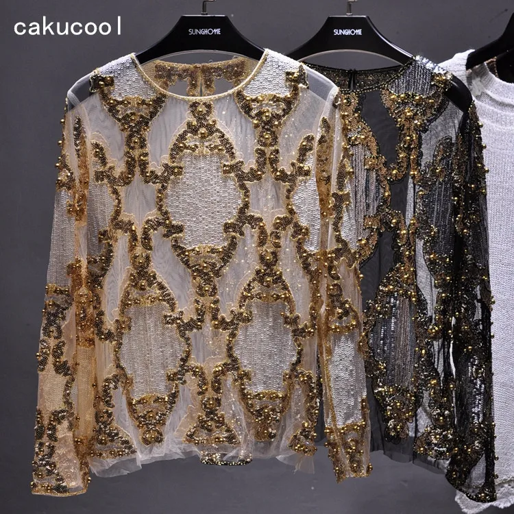Женская блузка с блестками Cakucool прозрачные сексуальные сетчатые блузки круглым