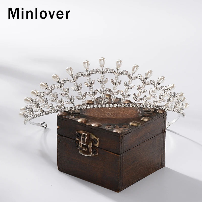 Minlover имитация жемчуга пышные тиары и короны Стразы для невесты лист Свадебные
