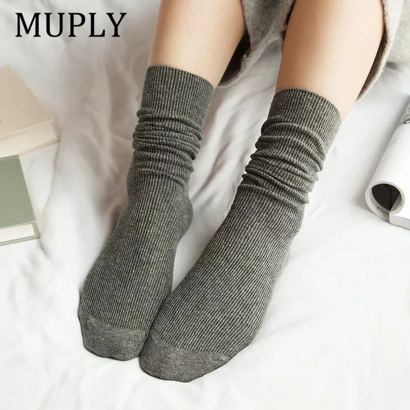 

2021 New Japanese High School Girls High Socks Loose Solid Colors Double Needles Knitting Cotton Muply Long Socks Women