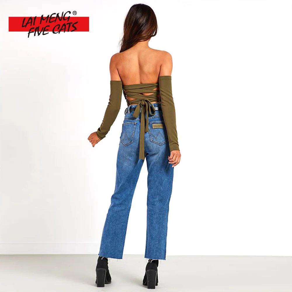 LMFC Slash Neck Cropped t shirt women tees tight Sexy t-shirt Spring Summer 2018 New Fashion Back Cross lace up tops shirts Женская