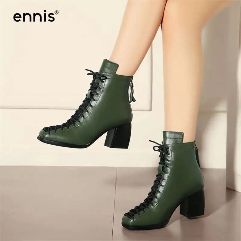 Army Green ENNIS/Брендовые женские зимние ботинки из натуральной кожи; обувь «Челси» на шнуровке с квадратным носком; ботильоны зеленого цвета на толстом высоком каблуке; A7240 - Цвет: Army Green