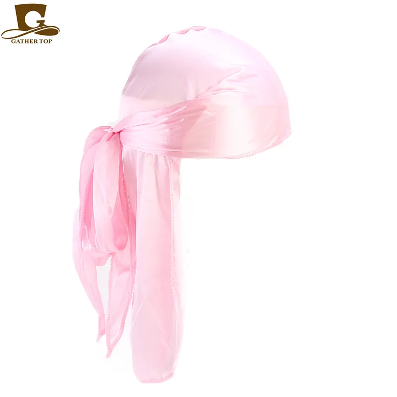 Long Tail Silky Scarf Muslim Doo Rag Pirate Hat Durag Chemo Caps Skull Hat Turban hair band Bandanas 18 colors for Choose
