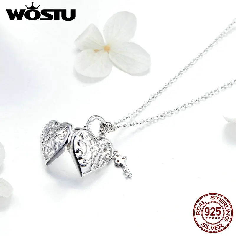 WOSTU 925 пробы Серебряное сердце замок& ожерелье с подвеской в виде ключа Длинная цепочка для женщин Свадьба День святого Валентина ювелирные изделия FIN321