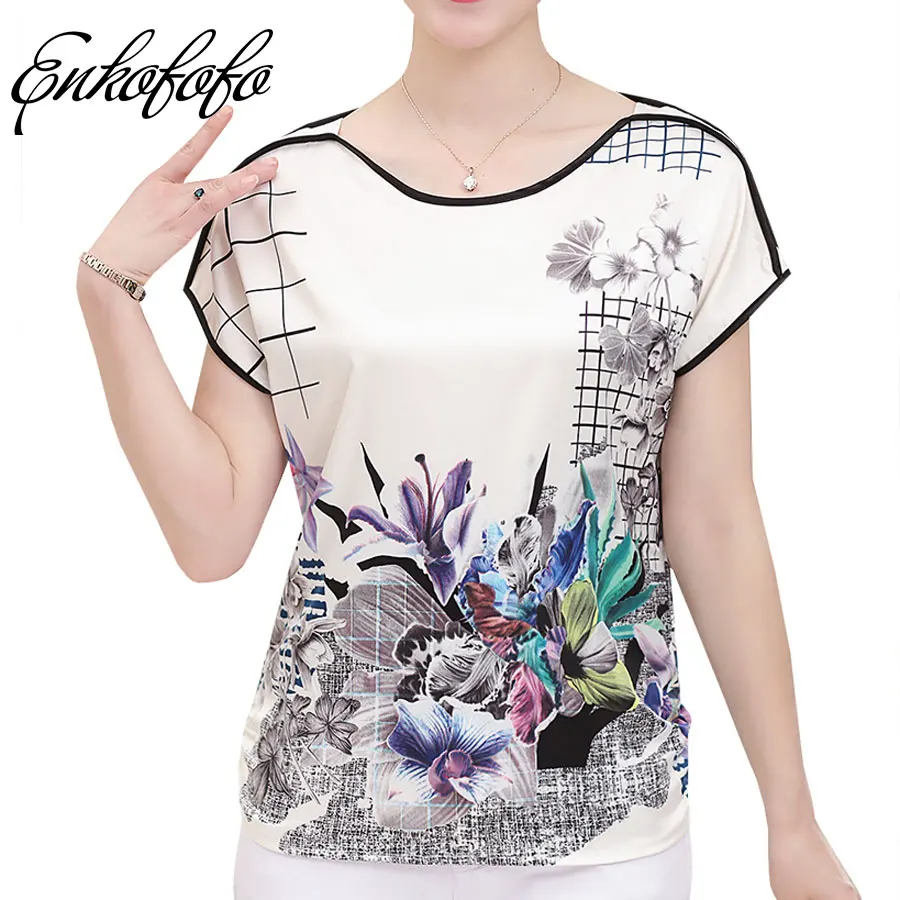 Футболка женская с рукавом летучая мышь Шелковый топ принтом Повседневная