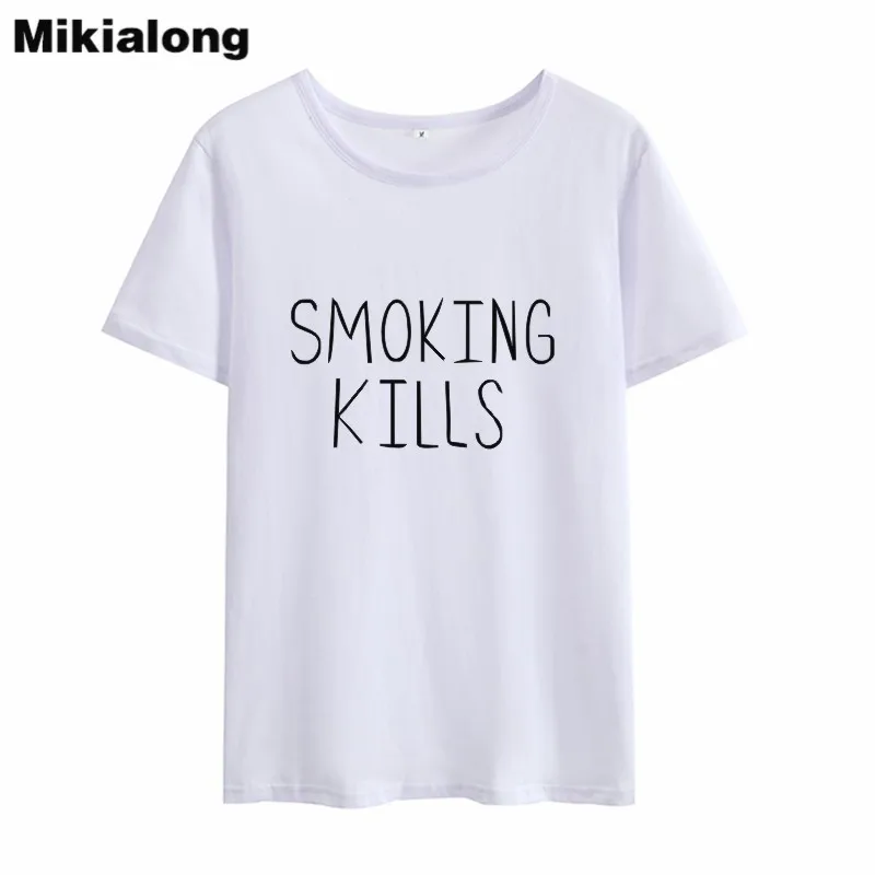 Mikialong SMOKING KILLS Летний Топ для женщин 2018 Женская хлопковая футболка с коротким